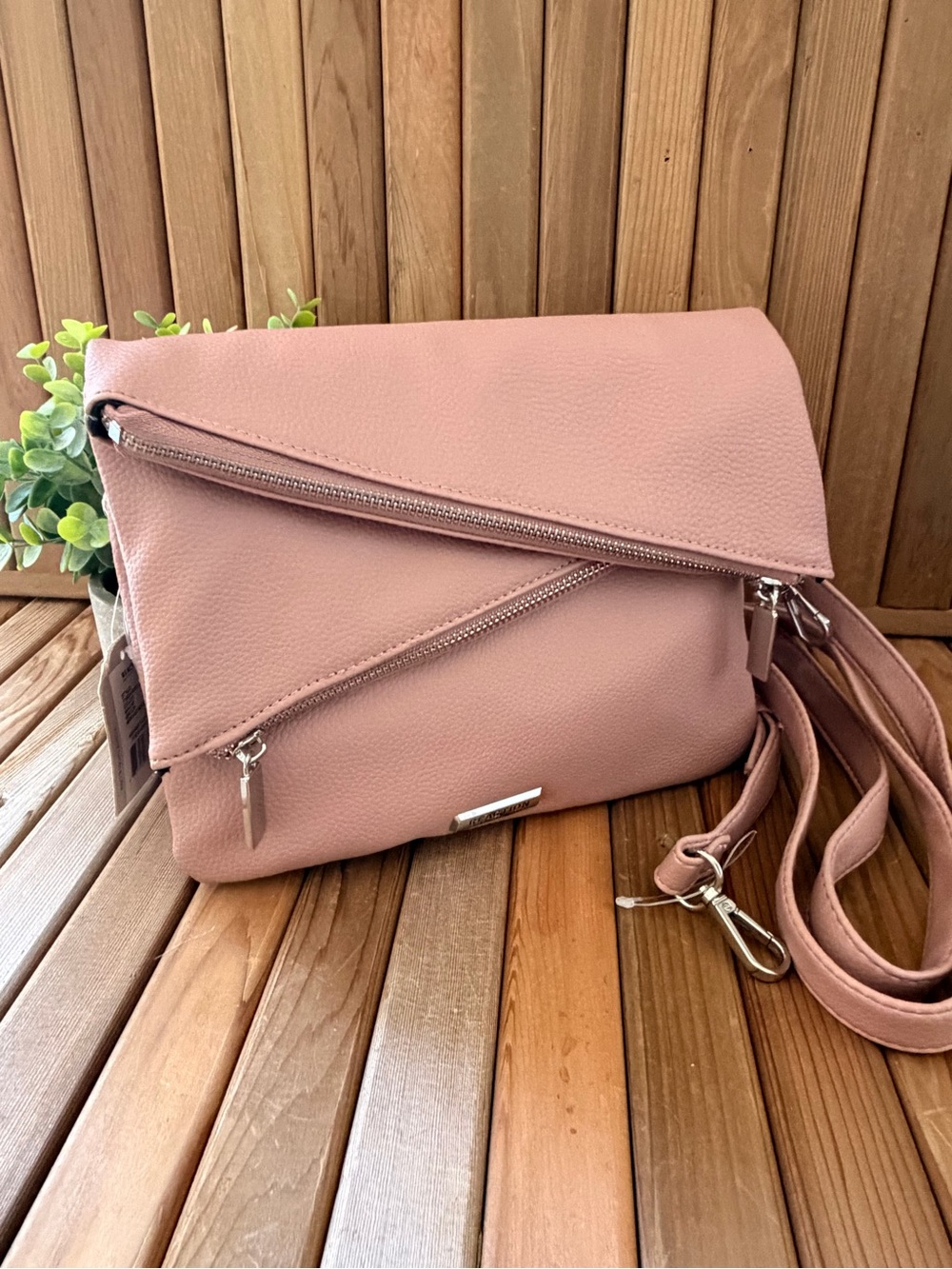 REACTION by Kenneth Cole, Blush Leather Crossbody Double Zippered Clutch